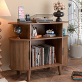 LUVIOHOME Large Round Record Player Stand with Charging Station & USB Ports，Record Storage Cabinet, Mid Century Modern Turntable Stand for Bedroom Living Room (Small Brown) LUVIOHOME