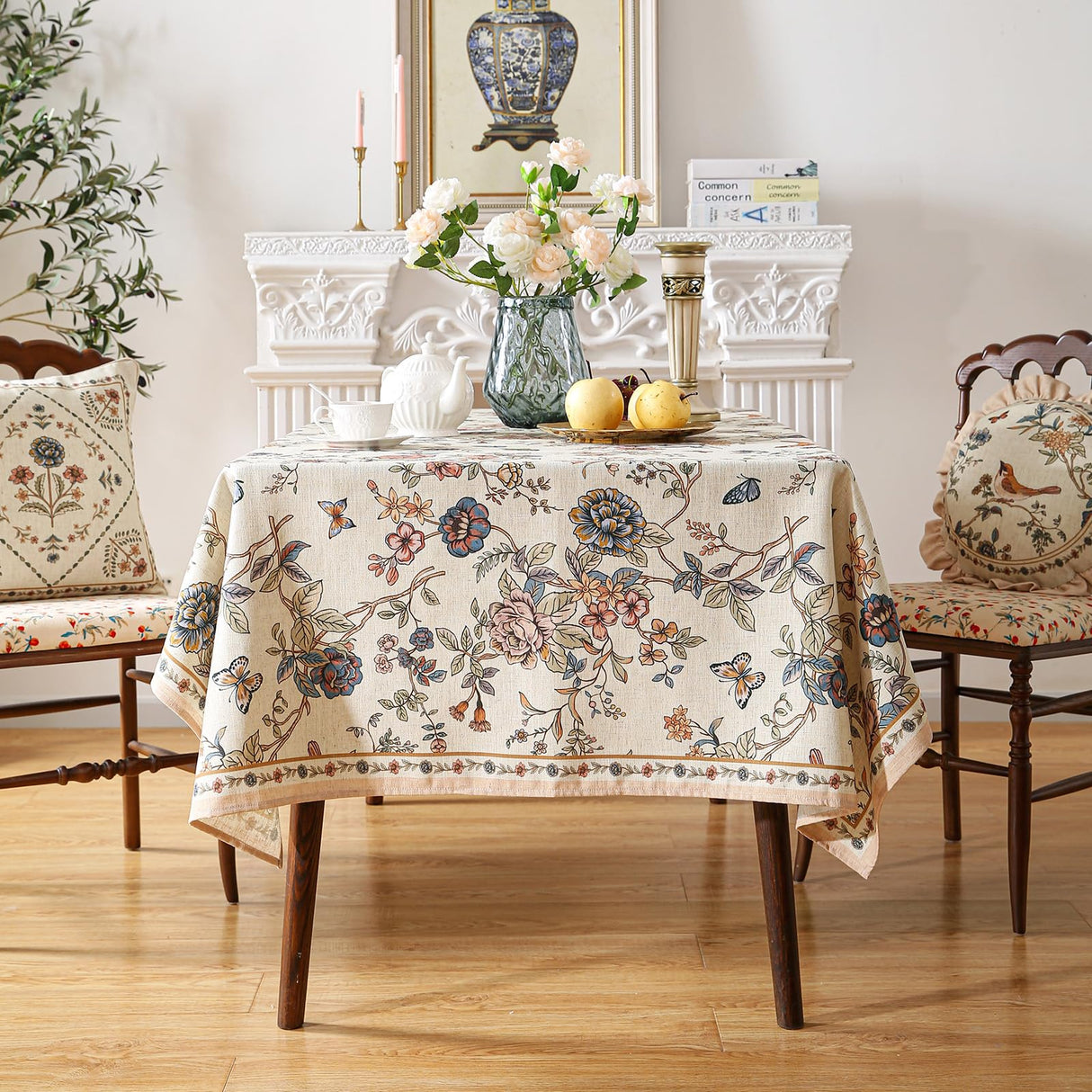 ISAENNE French Tablecloth for Rectangle Tables,Linen Table Cloth with Flowers and Birds Pattern,Heavy Durable Table Cover for Dining Thanksgiving Kitchen Decor Party Banquet Christmas,67"*118" ISAENNE