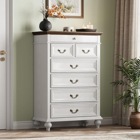 IDEALHOUSE Farmhouse Tall Dresser for Bedroom with 7 Drawers, 50" Tall Large Wood Chest of Drawers with Jewelry Storage for Bedroom, Living Room, Hallway, White IDEALHOUSE