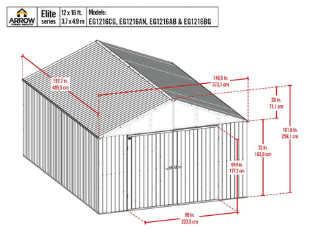 Arrow Shed Elite 12' x 16' Tall Outdoor Steel Storage Shed with High Gable and Lockable Doors Storage Building, Blue Grey Arrow
