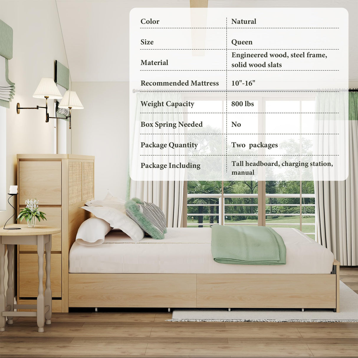 Yechen Natural Rattan Queen Bed with 10 Storage Drawers and Wide Storage Headboard, 48" Tall Boho Wooden Bed Frame Steel Stand and Charging Station, Sturdy Bamboo Bed, No Box Spring Needed/Noise Free Yechen