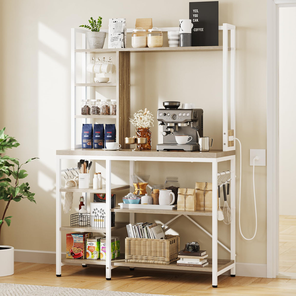 YITAHOME Microwave Stand Bakers Rack w Power Outlet, Coffee Bar Kitchen Freestanding Utility Storage Shelf for Pantry Appliance Spice Pot Pan Organizer w Thickened Counter 6 Hook 39", Oak & White YITAHOME