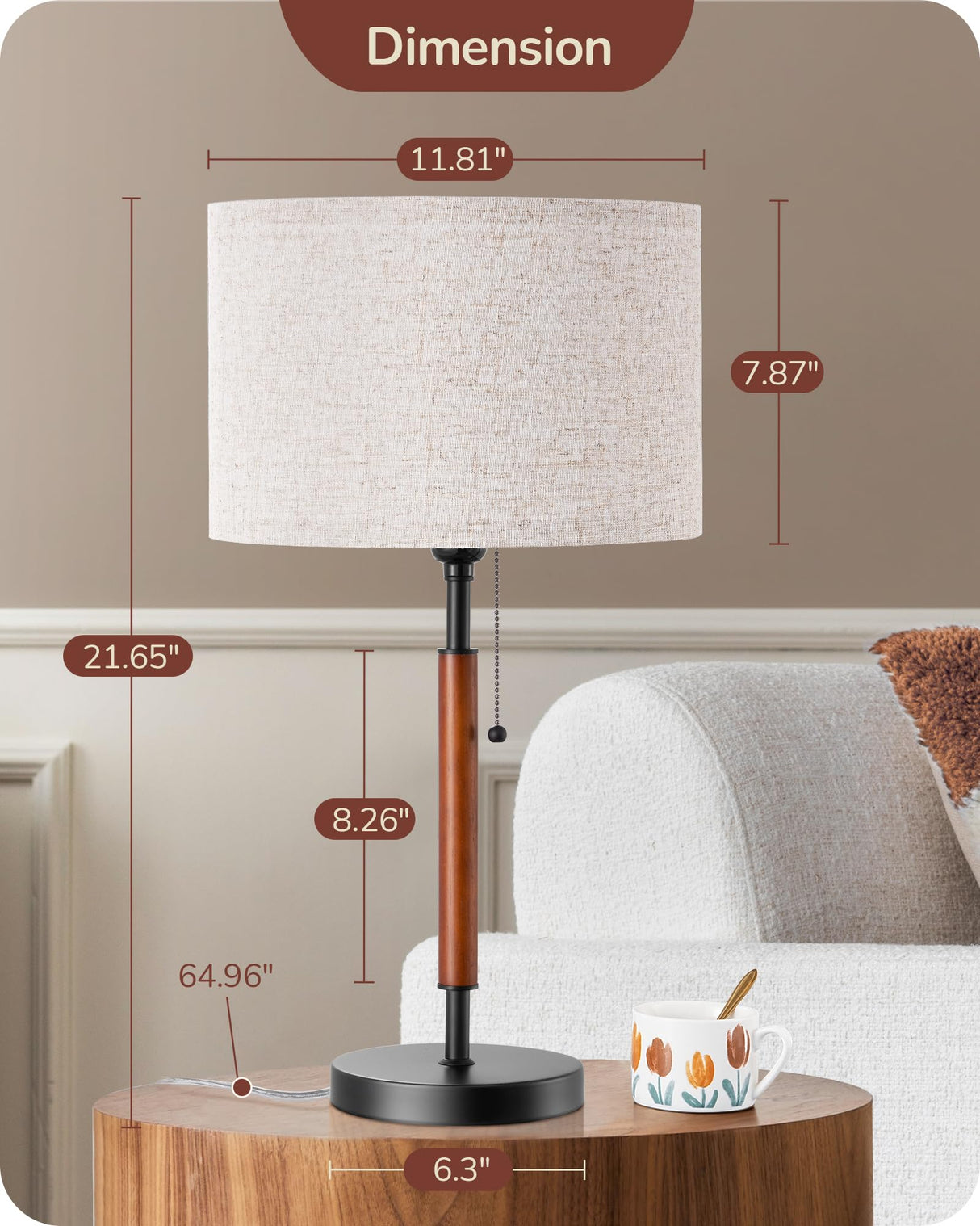 EDISHINE Mid Century Table Lamp, Pull Chain Switch Bedside Lamp with Linen Shade, Solid Wood Pole & Black Metal Base, Modern Nightstand Lamp for Bedroom, Living Room, Office, E26 Base EDISHINE