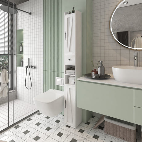 Bathroom Cabinet with Adjustable Shelf, Storage Cabinet for Small Space, Tall Cabinet with Retractable Toilet Paper Rod, Narrow Cabinet with 2 Doors, 8 Compartments (White) Maupvit