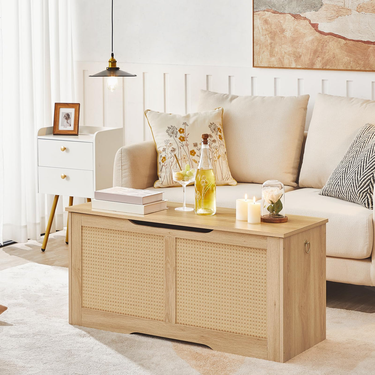 HOOBRO Storage Chest, 39.3" Storage Bench, Rattan-Like Storage Trunk, Sturdy Entryway Bench Supports 220 lb, Shoe Bench, Safety Hinge, U-Shaped Opening, Easy Assembly, Natural NL11CW01 HOOBRO