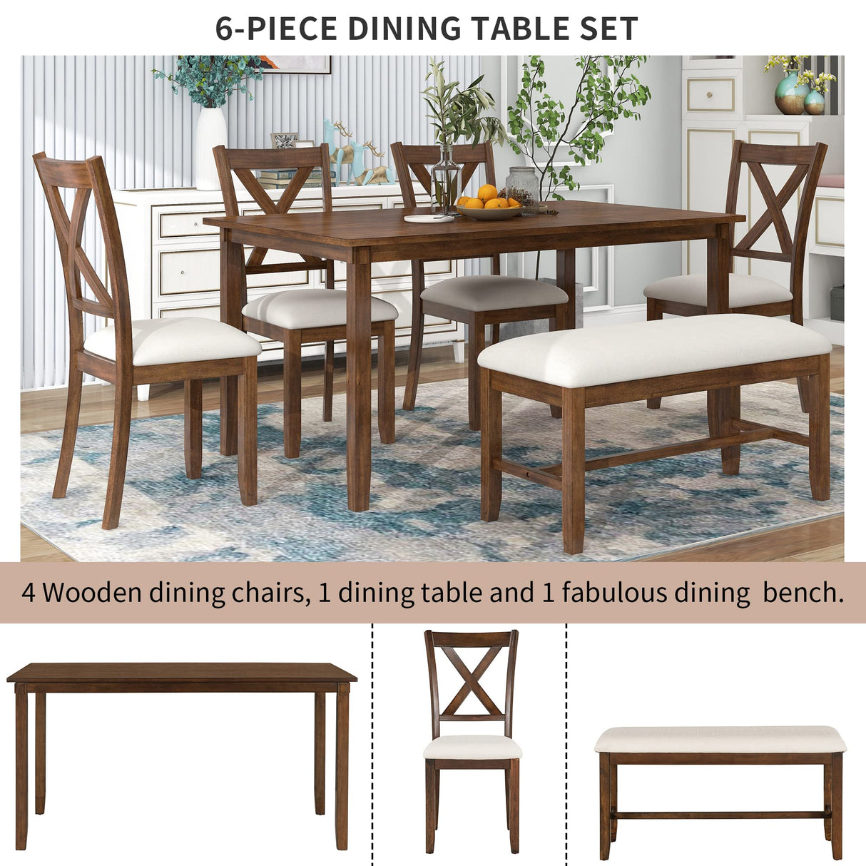 Harper & Bright Designs 6 Pieces Dining Table Set, Wooden Rectangle Table and 4 Chairs with Bench with Cushion, Kitchen Table Chairs Set for 6 Persons, Dining Room Set - Natural Cherry Harper & Bright Designs
