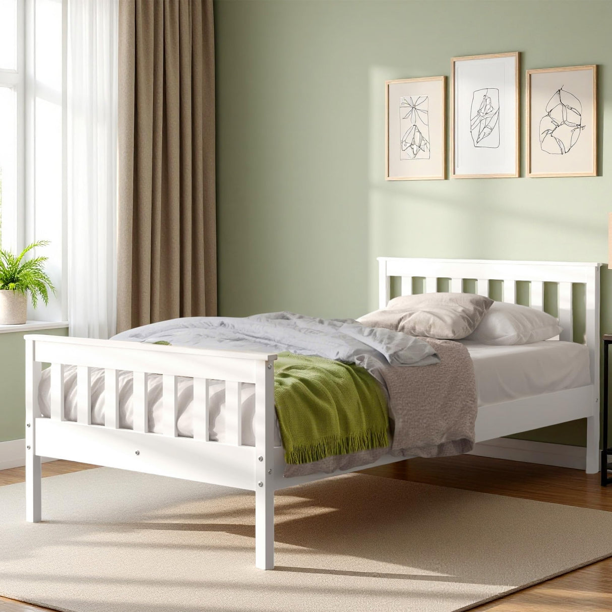 Twin Bed Frame with Headboard & Footboard,13 Wood Slats Support Wooden Platform, No Box Spring Needed, Easy Assembly, Farmhouse Style for Single Kids Room (38x75) -White KOBY HOME