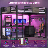 BTHFST Full Size Loft Bed with L-Shaped Desk and 3 Storage Drawers, LED Lights & Charging Station, Open Storage Shlef, Metal Loft Bed Frame with Solid Slats and Guardrail, Space Saving, Grey BTHFST