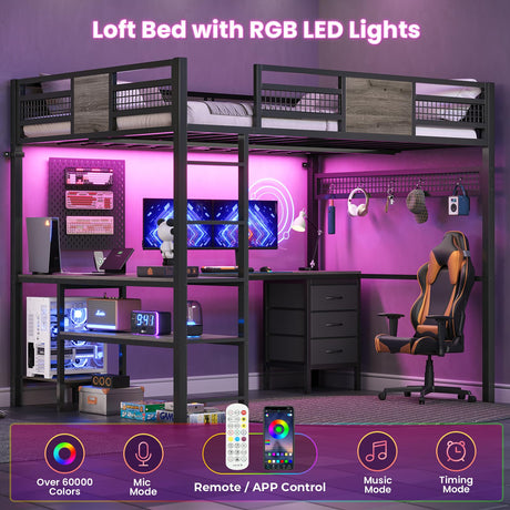 BTHFST Full Size Loft Bed with L-Shaped Desk and 3 Storage Drawers, LED Lights & Charging Station, Open Storage Shlef, Metal Loft Bed Frame with Solid Slats and Guardrail, Space Saving, Grey BTHFST