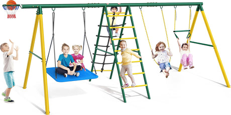 Osoeri Swing Sets for Backyard, 6 in 1 Swing Sets,Heavy-Duty Metal Swing Sets for Backyard with 2 Swings, Climbing Ladder and Nets,Trapeze Bar and Basketball Hoop Osoeri