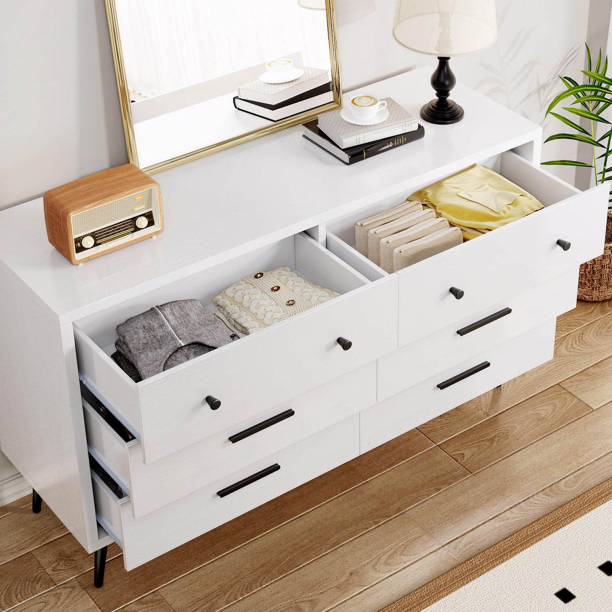 YITAHOME White Dresser TV Stand for 55 Inch TV/6 Drawer Dresser Entertainment Center/Console Table with Metal Handles & Anti-Tipping Device for Living Room YITAHOME