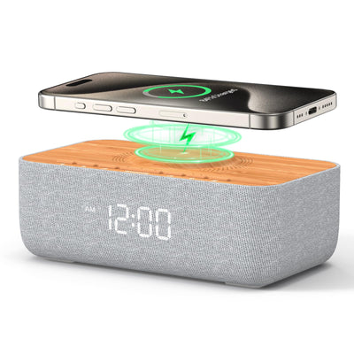 REACHER Sound Machine Alarm Clock with Magnetic Wireless Charging for iPhone, 15W Fast Wireless Charger Alarm Clocks White Noise Machine for Sleeping, Dimmable Display for Bedrooms-Wood Grain