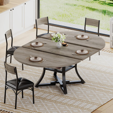 Itaar Round Extendable Dining Table Set for 4-6 People, 5-Piece Kitchen Table Set with 4 Cushion Chairs, Dining Room Table for 6 with MDF Board & Metal Frame for Small Space, Easy Clean, Rustic Grey Itaar