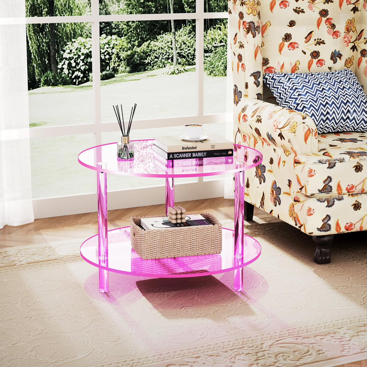 solaround Acrylic Coffee Table, Small Round Modern Coffee Table for Living Room, Pink solaround