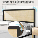 Full Size Metal Platform Bed Frame Natural Rattan Headboard, Bohemian Mattress Foundation with Strong Slats Support, No Box Spring Needed/Under Bed Storage/Non-Slip Without Noise/Easy Assembly SunnyFurn