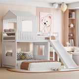 Harper & Bright Designs House Bunk Bed with Slide,Wood Twin Over Full Bunk Bed with Roof,Ladder & Safety Guardrail,Floor Bunk Loft Bed for Kids,Teens,No Box Spring Needed, White Harper & Bright Designs