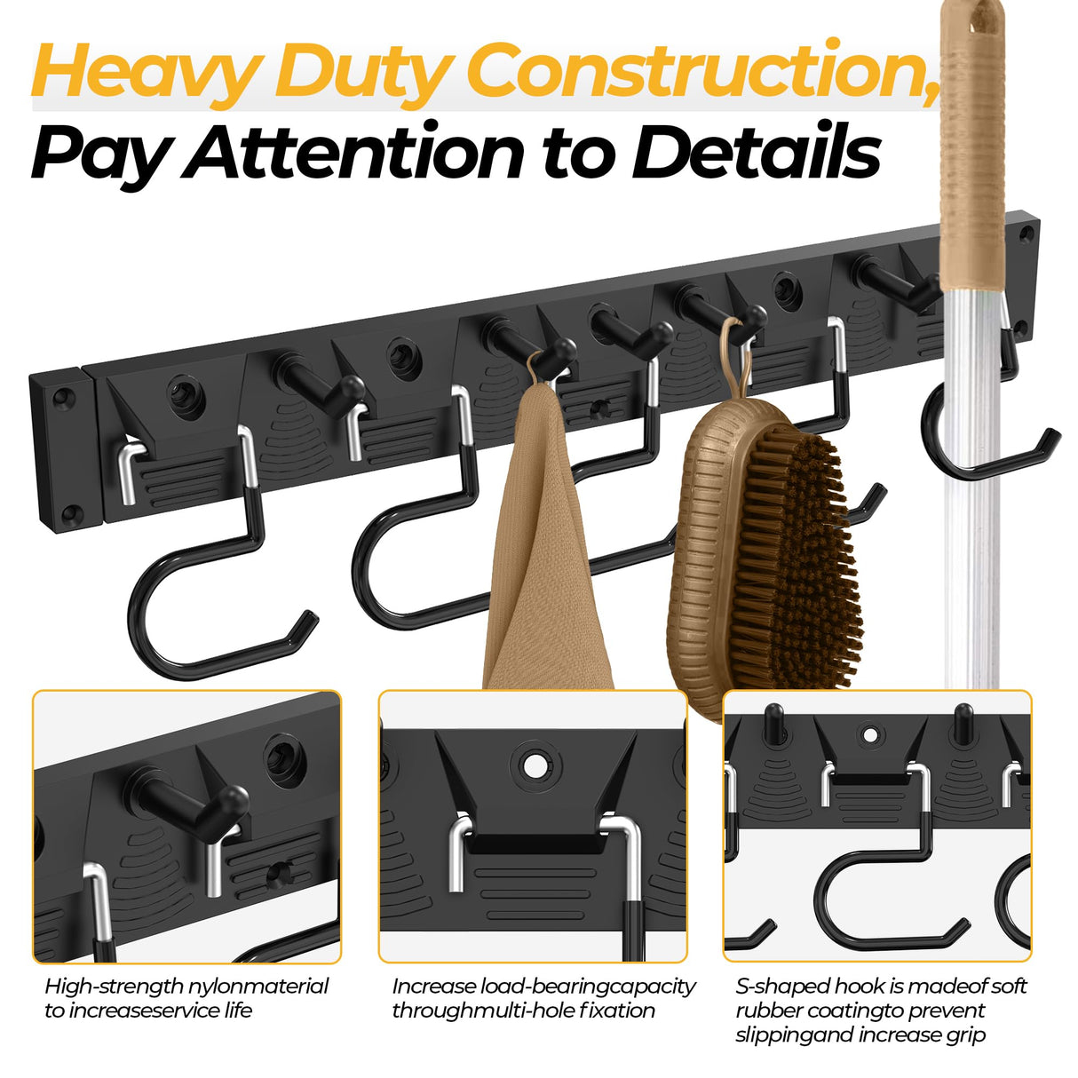 GARLWOLEX 34 Inch Garden Tool Organizer Wall Mount with Non Slip Rubber Coated Metal Hooks, Storage Rack for Indoor/Outdoor Shovel, Rake, Mop and Broom Holder Wall Mount （ 10 Hooks+10 Holders GARLWOLEX