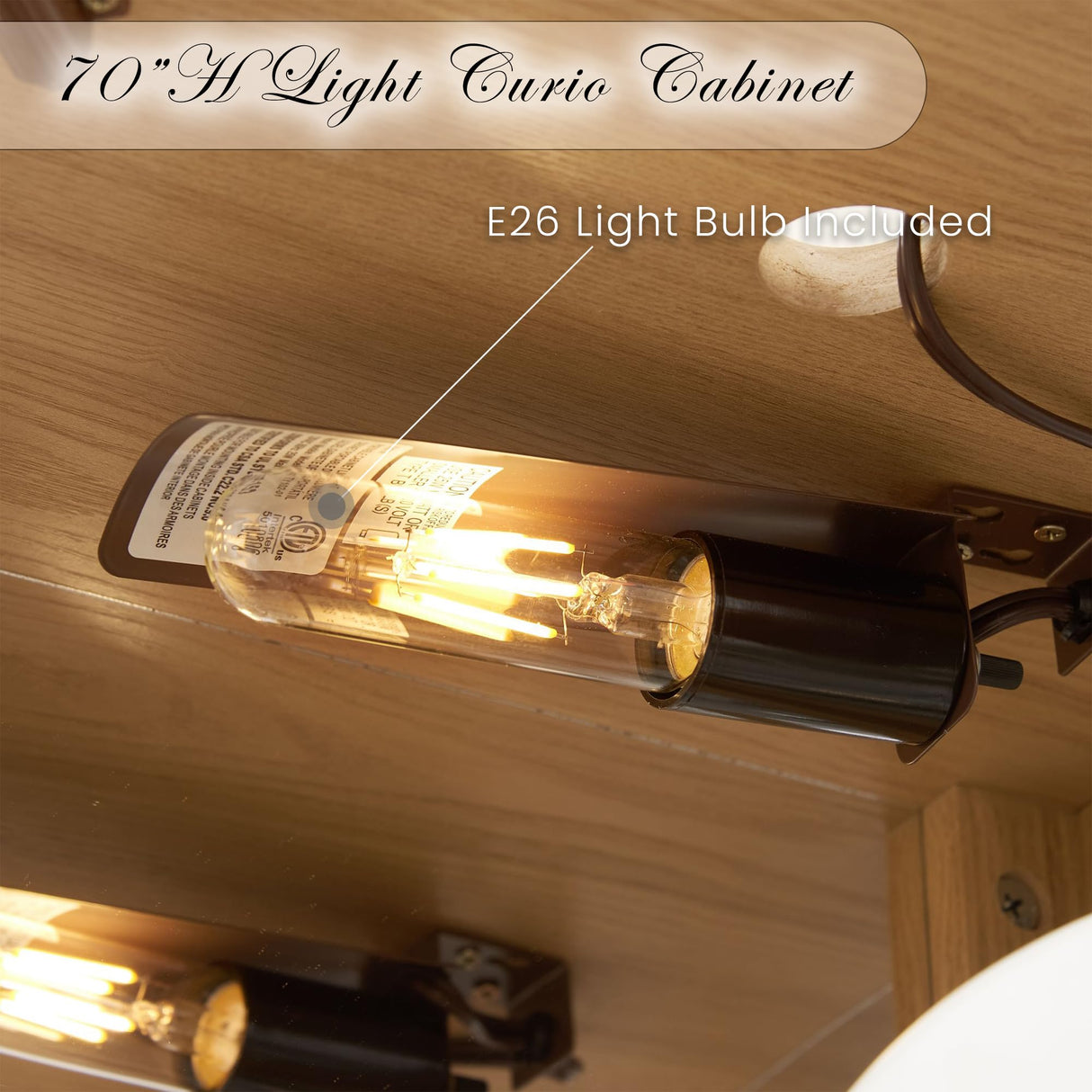 CKEASEAN Corner Curio Cabinet, 70" H Lighted Glass Display Cage with Tempered Glass Doors and 5 Adjustable Shelves, Light Bulb Inclued, Wine Bar China Cabinet for Living Room (Light Oak) CKEASEAN