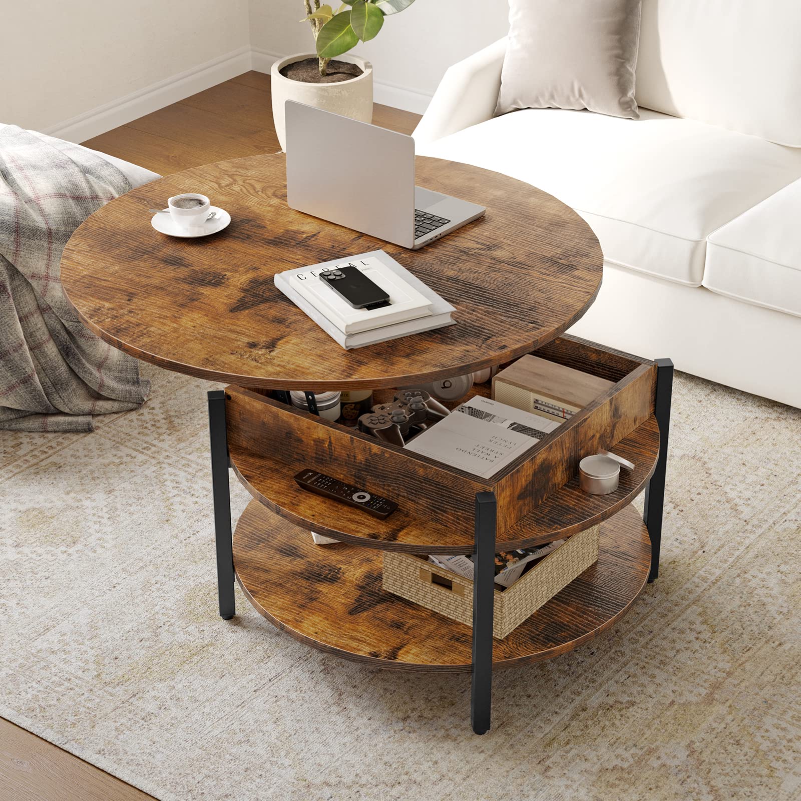 FABATO Round Lift Top Coffee Table for Living Room, 35.43'' Round Coffee Table with Storage and Hidden Compartment, 2 Tier Large Farmhouse Coffee Table Round Dining Table, Rustic Brown - WoodArtSupply