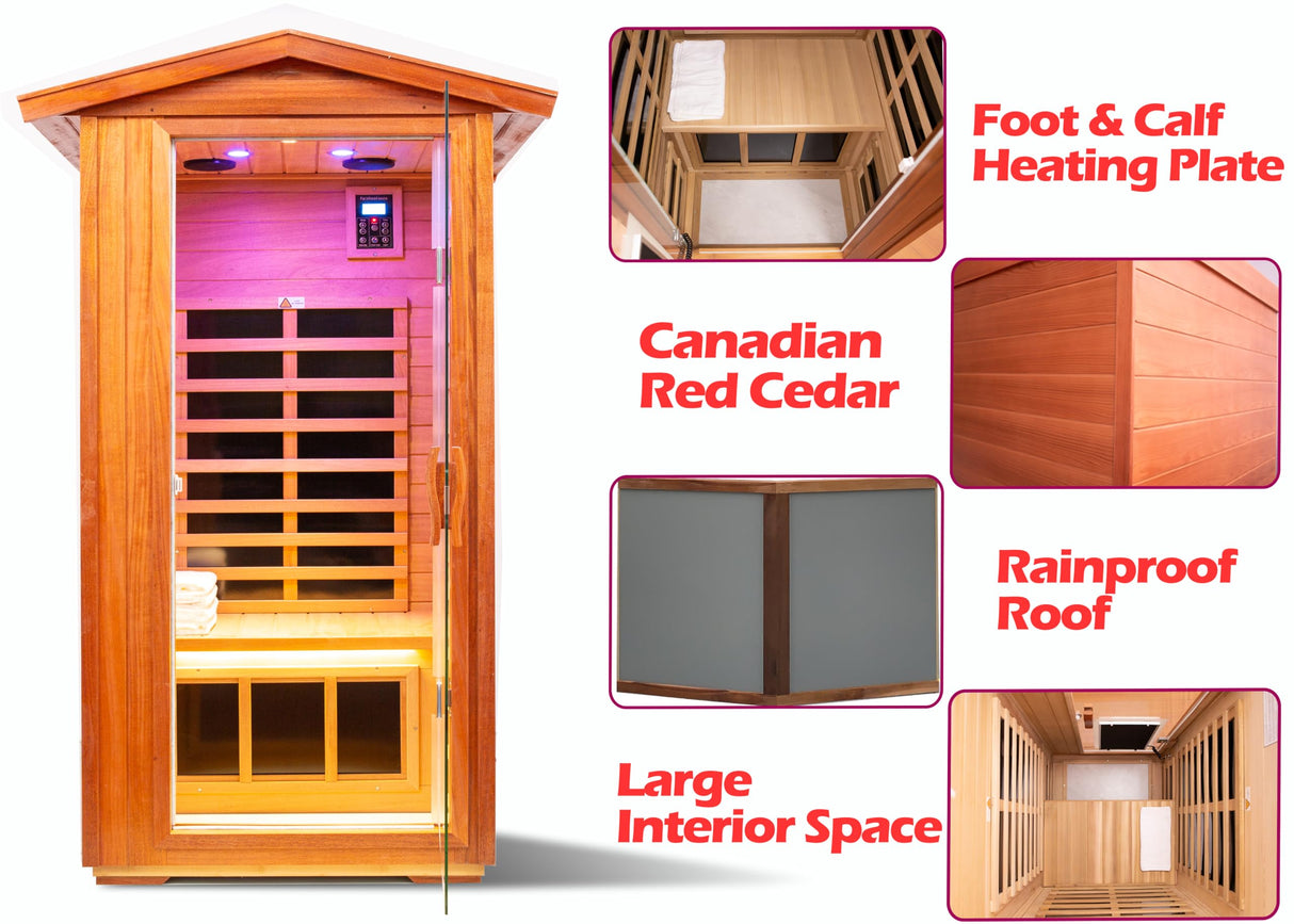 LTCCDSS Red Cedar Outdoor Sauna 1 Person, Low EMF Far Infrared Sauna for Home, Withstand Outdoor Temp -10℉-149℉| EMF Readings Below 0.5mG, 9 Low EMF Boards-Chromotherapy-Bluetooth Speaker LTCCDSS