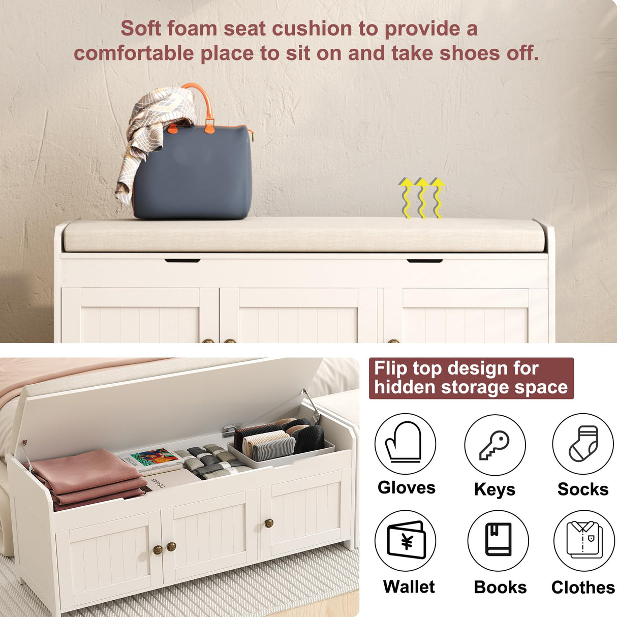 HOMEFORT 41.3" Shoe Bench with Lift Top Storage, Entryway Storage Bench with Cushioned Seat, Wooden End of Bed Bench, Shoe Cabinet Bench with Hidden Storage Space, for Bedroom, Hallway,White HOMEFORT