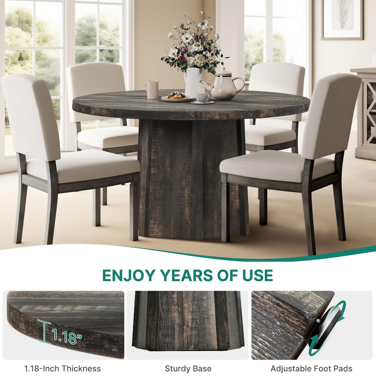 DWVO 47" Round Dining Table for 4-6 People Farmhouse Industrial Dinning Room Table with 1.18" Thickness Wood Grain Tabletop Rustic Circle Dining Table with Hexagonal Base for Eating Dinner Grey DWVO