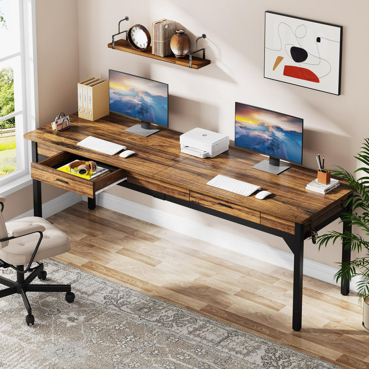 Tribesigns 78.7" Extra Long Computer Desk, [Double Desk] [2 Drawers], Two Person Desk Large Executive Office Desk, Writing Table Study Desk for Home Office, Rustic Brown Tribesigns