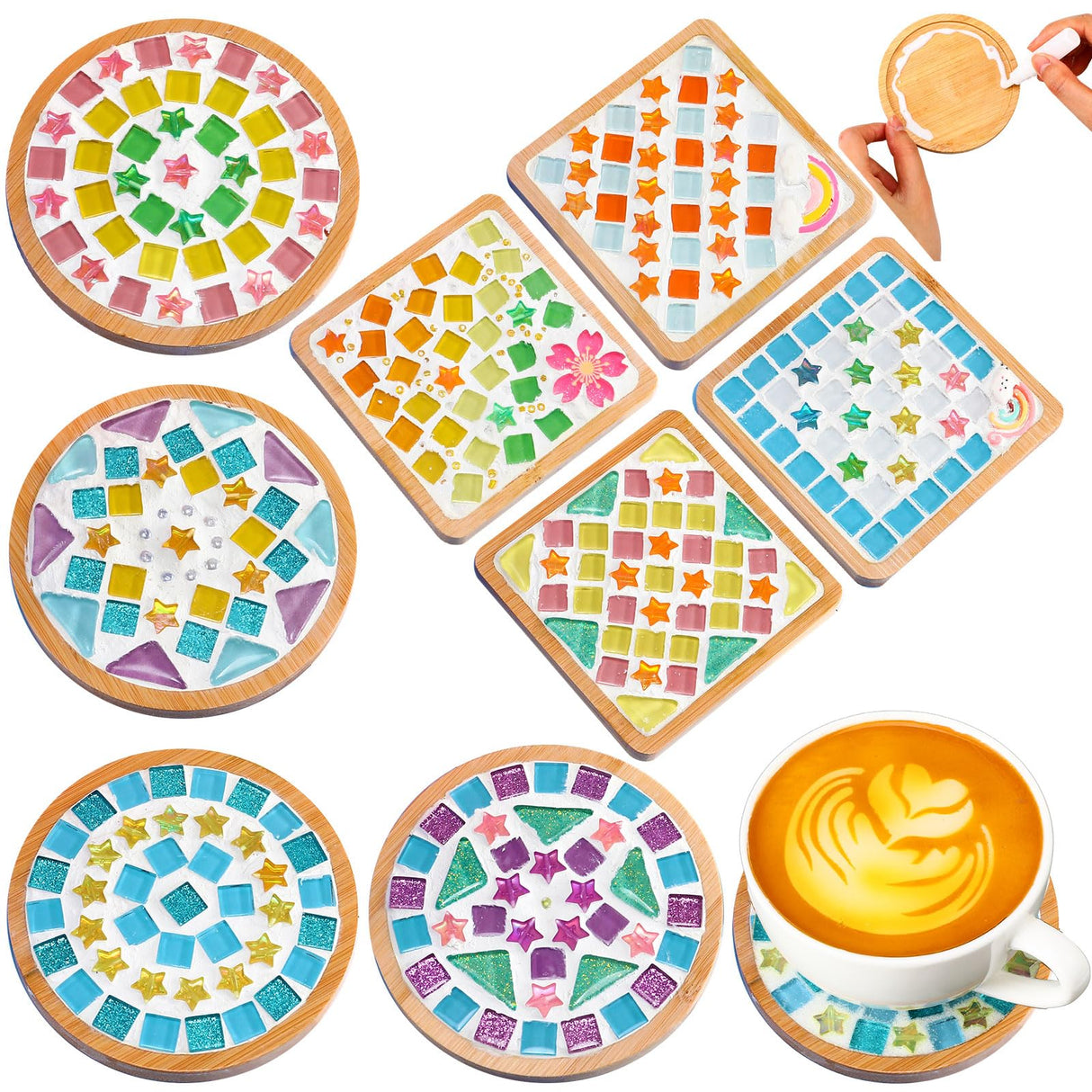 Reallnaive DIY Glass Mosaic Tiles for Crafts, Mixed Color Mosaic Kits with Wooden Coaster Adults DIY Kit for Coaster Handmade Home Gifts(Rainbow Style,8 Sets) Reallnaive