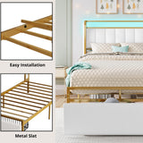 LIKIMIO Twin Size Bed Frame with Armrests Headboard & RGB Light, Upholstered Twin Size Bed Platform with Drawers, No Box Spring Needed, Study & No Noise, Modern Gold and White LIKIMIO