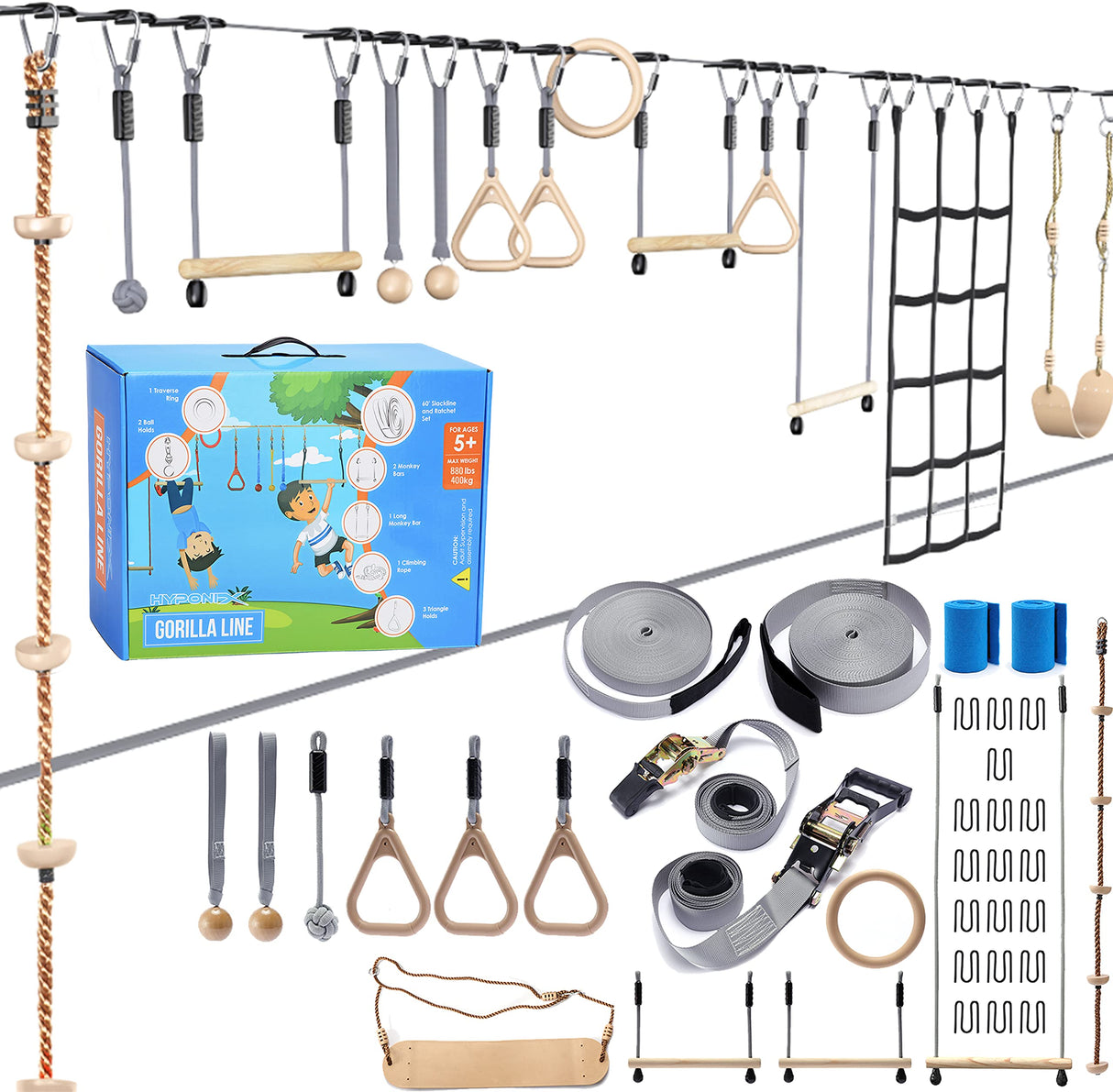 Ninja Warrior Obstacle Course for Kids – 2 x 60 ft, 880 lbs Capacity, 13 Weatherproof Obstacles, Bottom Line, Traverse Rings, Monkey Net – Easy Setup on Trees or Posts for Outdoor Fun Hyponix Sporting