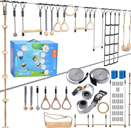 Ninja Warrior Obstacle Course for Kids – 2 x 60 ft, 880 lbs Capacity, 13 Weatherproof Obstacles, Bottom Line, Traverse Rings, Monkey Net – Easy Setup on Trees or Posts for Outdoor Fun Hyponix Sporting