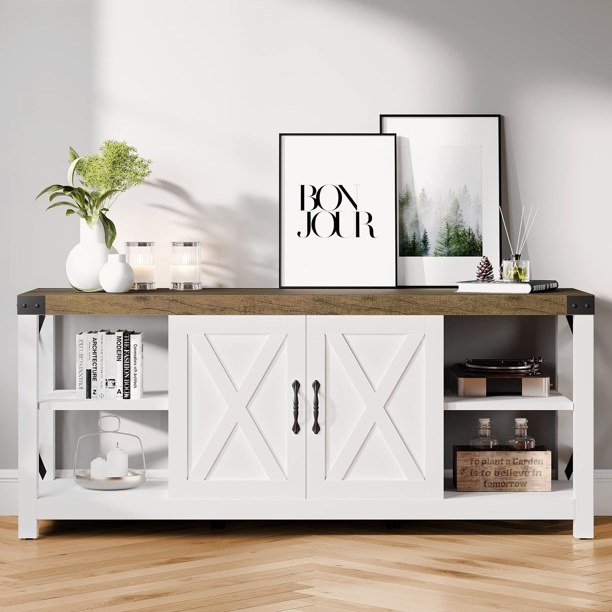 IDEALHOUSE Farmhouse TV Stand for 65/60/55 Inchs, Wood TV Table Media Console for Living Room, Bedroom, Mid Century Modern Entertainment Center with Storage Cabinets and Open Shelves(White) - WoodArtSupply