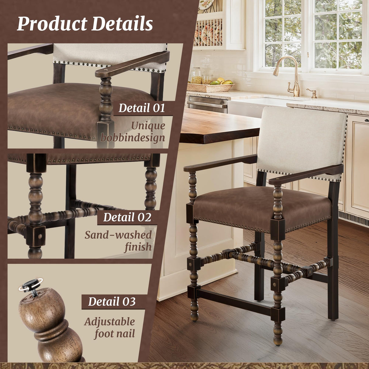 Cozyman Counter Height Bar Stools Set of 4, 26''French Leather Barstools with Arms and Backrest, Counter Stool with Solid Rubberwood Frame, Upholstered Farmhouse Bar Stools, Linen Color-Espresso Cozyman