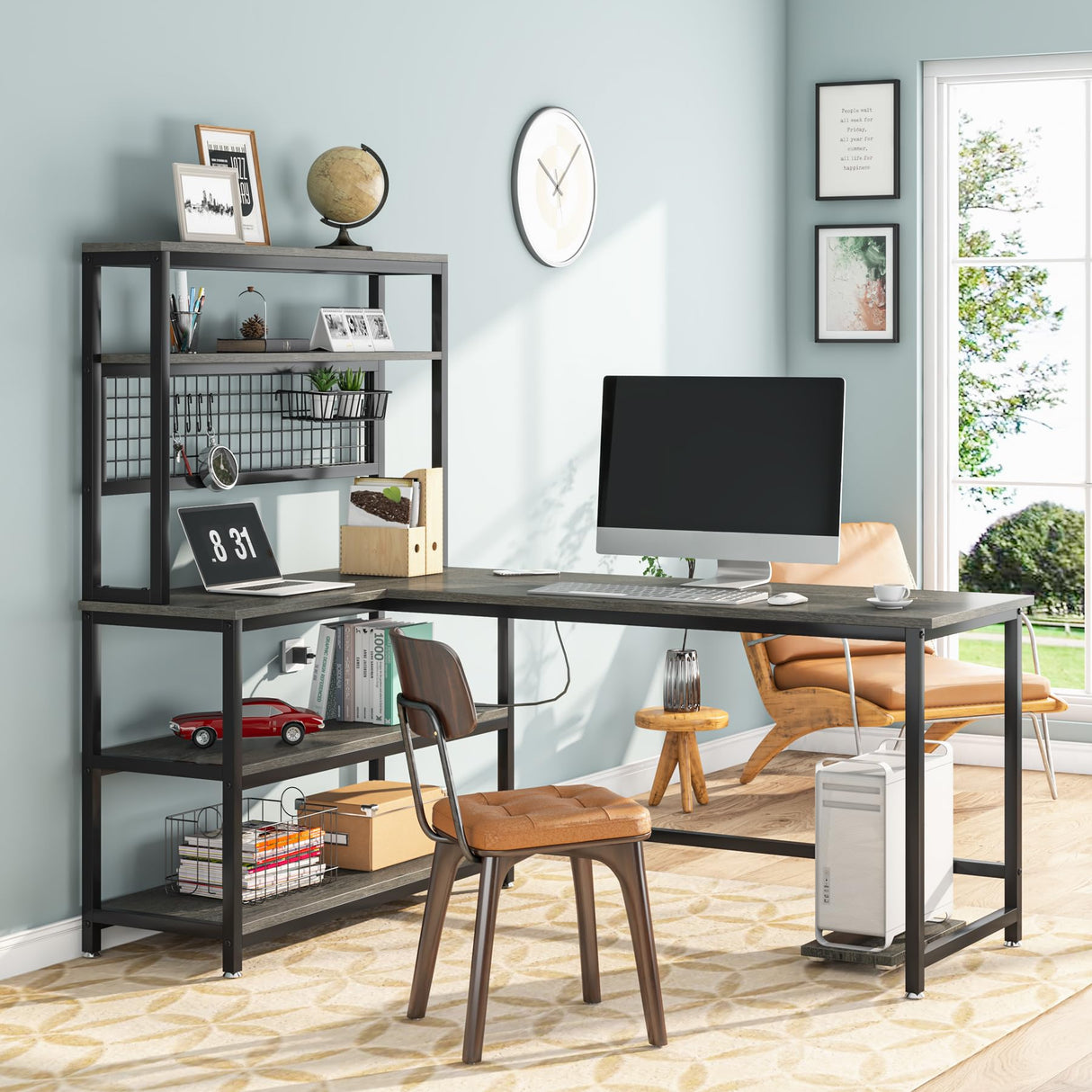 Tribesigns 55" Grey L-Shaped Computer Desk with Wireless Charging and 5 Storage Shelves Tribesigns