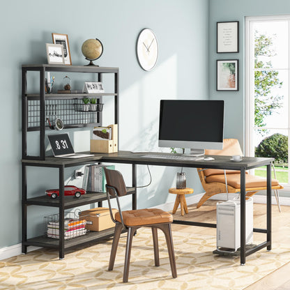 Tribesigns 55" Grey L-Shaped Computer Desk with Wireless Charging and 5 Storage Shelves - WoodArtSupply