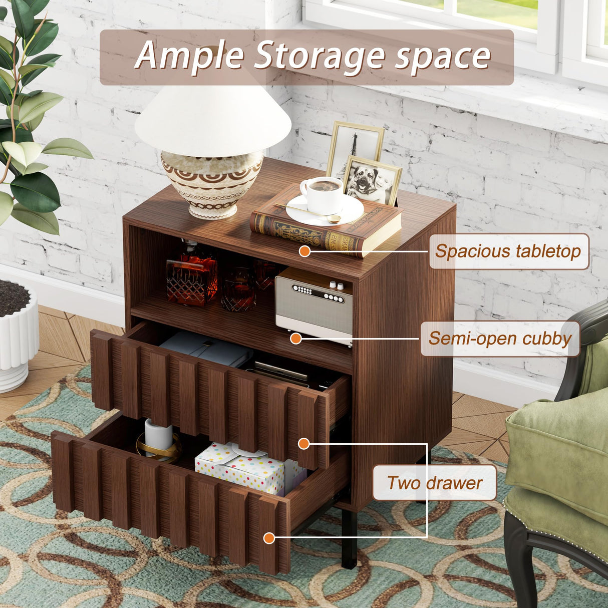 UEV Mid Century Modern Solid Wood Nightstand Set of 2,2 Drawers End Table with Storage Space,Accent Wooden Strip Design Bedside Table for Bedroom, Living Room (Brown, Set of 2) UEV