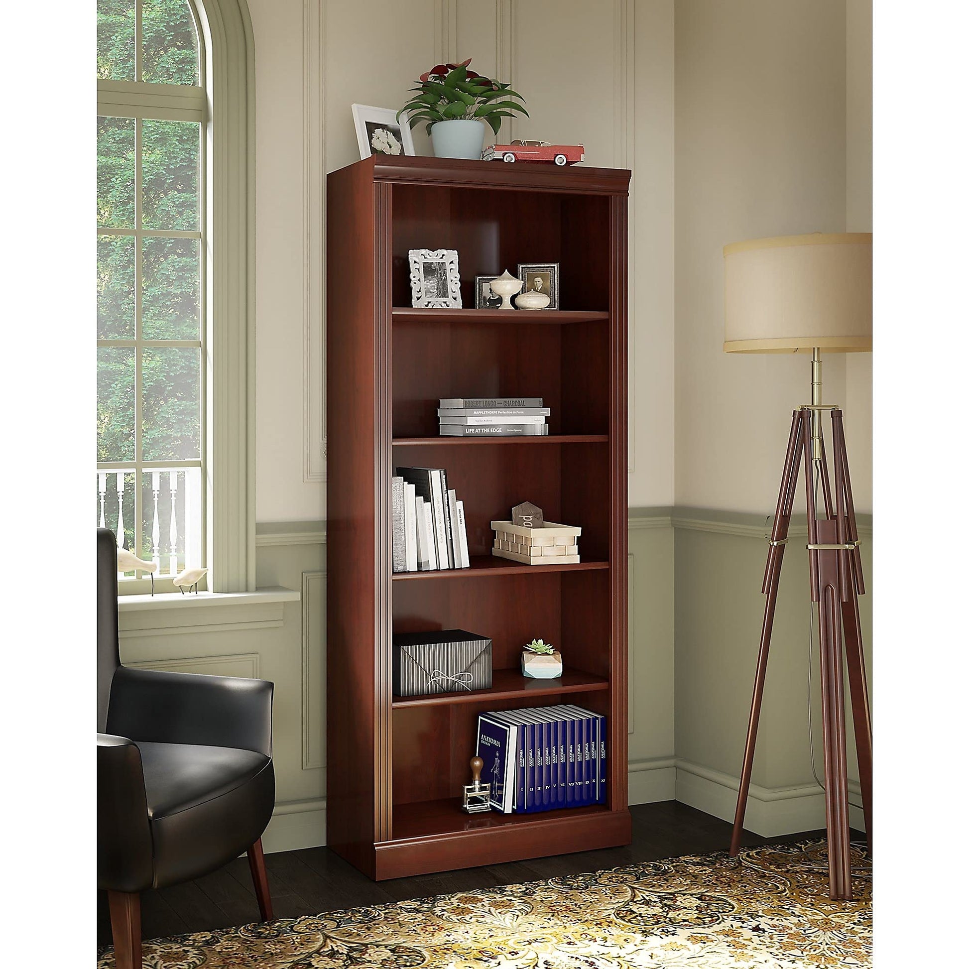 Timeless Arlington Tall 5 Shelf Bookcase in Harvest Cherry by Kathy Ireland Home - WoodArtSupply