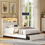 ROCHECASA Twin Bed Frame with Bookshelf, Bookcase High Headboard with Charging Station and LED Light, Farmhouse Bed with Storage Drawers, No Box Spring Needed, Noise Free, Easy Assembly, Antique White ROCHECASA