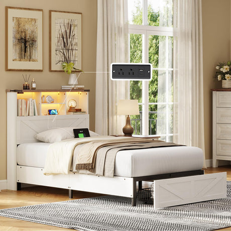 ROCHECASA Twin Bed Frame with Bookshelf, Bookcase High Headboard with Charging Station and LED Light, Farmhouse Bed with Storage Drawers, No Box Spring Needed, Noise Free, Easy Assembly, Antique White ROCHECASA