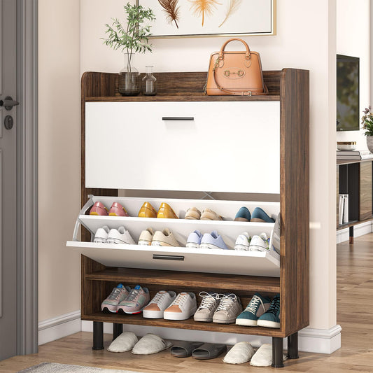 Tribesigns Shoe Cabinet, 2-Tier Shoe Storage Cabinet with Flip Doors, Vintage Entryway Shoe Organizer Rack with Open Shelves for Narrow Closet, Entryway, Living Room, Brown - WoodArtSupply