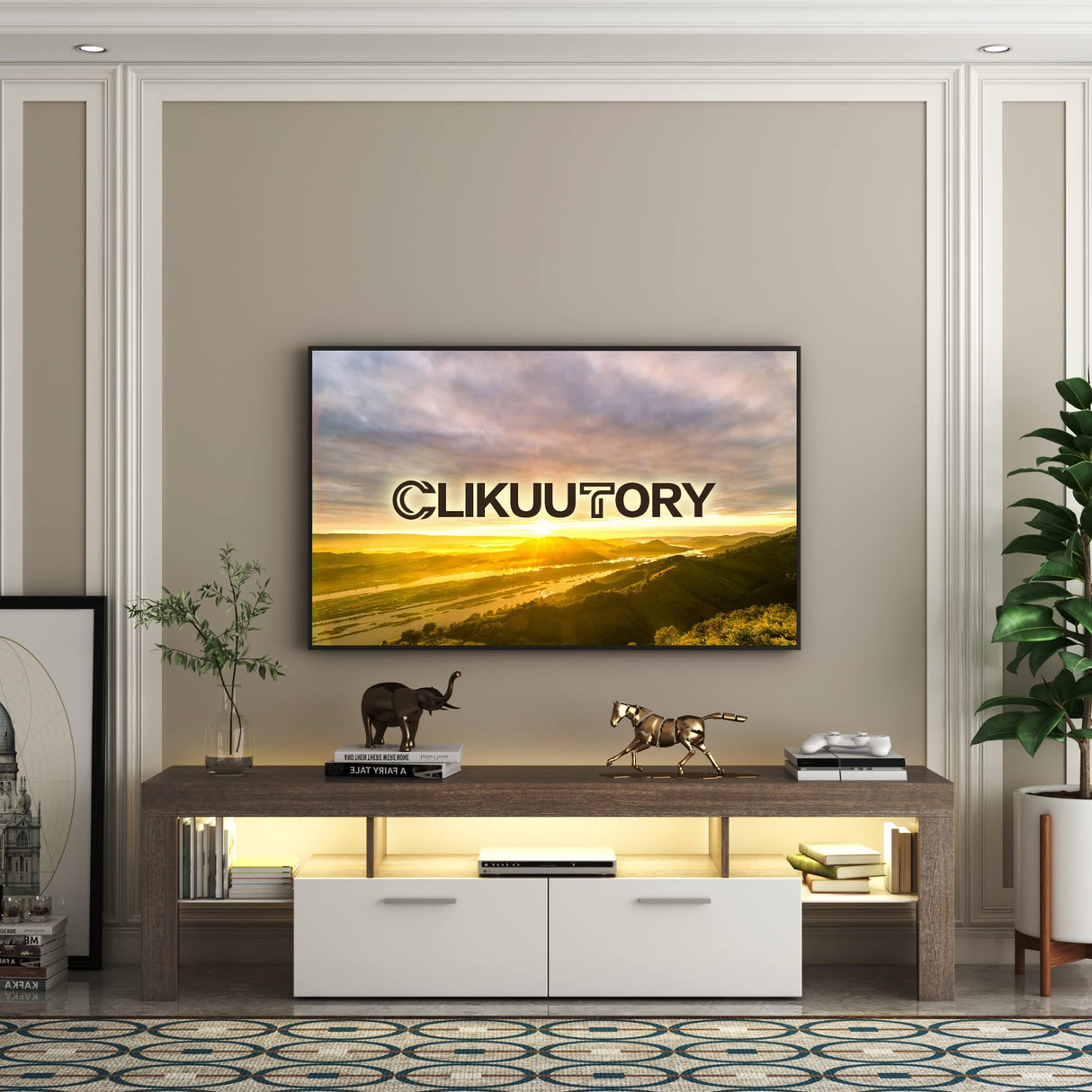 Clikuutory Modern LED TV Stand with Large Storage Drawer for up to 75 Inch TVs, Brown and White Doors, Wood Farmhouse TV Console with Glossy Entertainment Center for Living Room, Bedroom Clikuutory