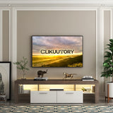 Clikuutory Modern LED TV Stand with Large Storage Drawer for up to 75 Inch TVs, Brown and White Doors, Wood Farmhouse TV Console with Glossy Entertainment Center for Living Room, Bedroom Clikuutory