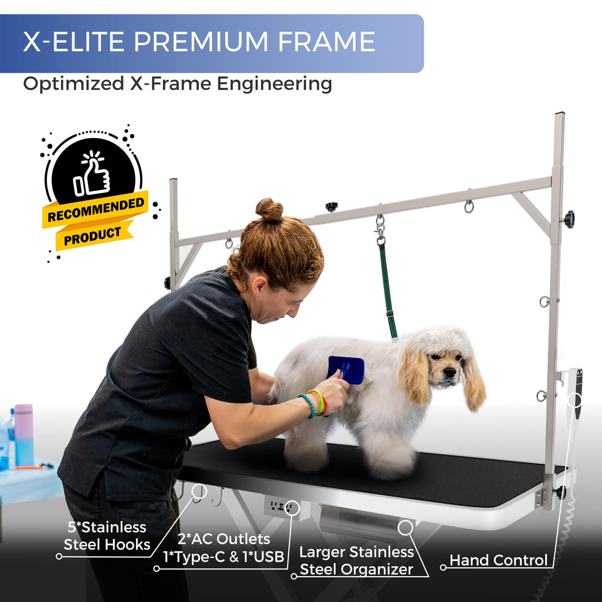 Burano Professional Super Low-Step Electric Dog Grooming Table 49.2", Heavy Duty, Anti-Slip Tabletop, Height Adjustable Dog Table with Lockable Casters, Stainless Grooming Overhead Arm Burano