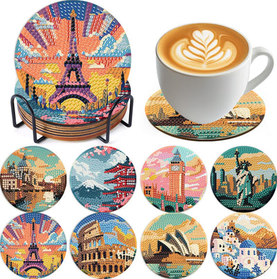 8 Pcs Famous buildings Diamond Art Painting Coasters Kits,Landscape Coaster with Holder for Adults, Non-Slip DIY Dot Paint Craft Kits,5D Full Drill DIY Diamond Dot Gem Art Kit Home Decor Arts Craft