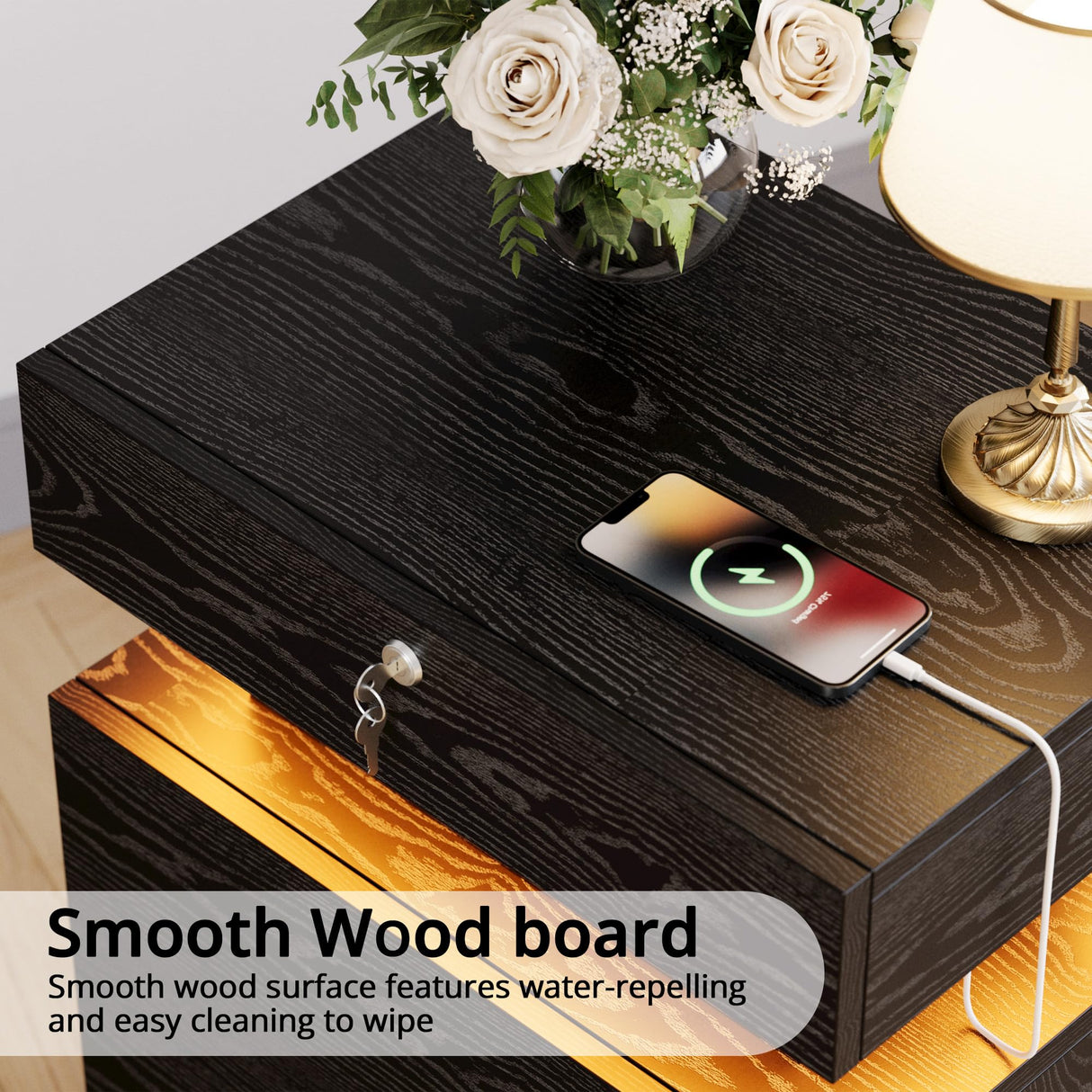 LIKIMIO Nightstand with Charging Station, Night Stand with Storage and LED Lights, Bedside Table with 3 Drawers, USB and Lock, Modern End Table for Bedroom LIKIMIO