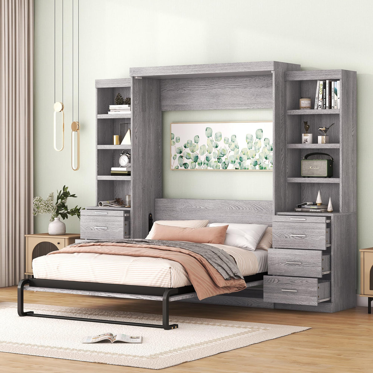 Harper & Bright Designs Full Size Murphy Bed, Wood Full Murphy Bed with Storage Shelves and Drawers, Gray Harper & Bright Designs