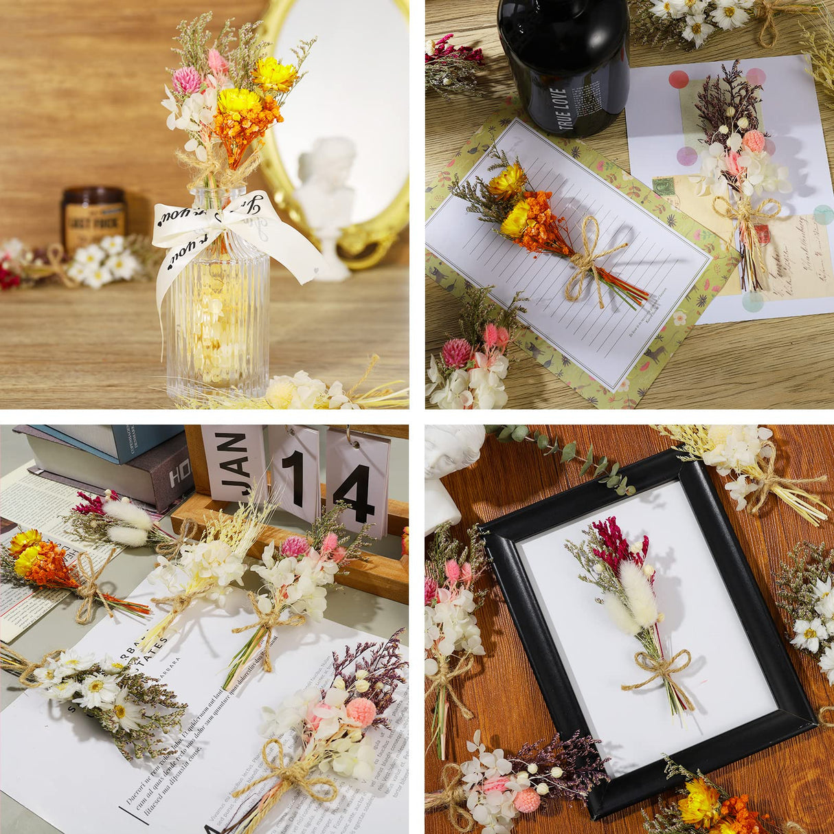 Chenkaiyang 6Pcs Mini Dried Flowers Bouquet, Mixed Natural Dried Flowers Gypsophila Bouquets Boutonniere Table Centerpieces Birthday Cake Flowers for DIY Crafts with 3 Flower Stickers 10m Hemp Rope Chenkaiyang