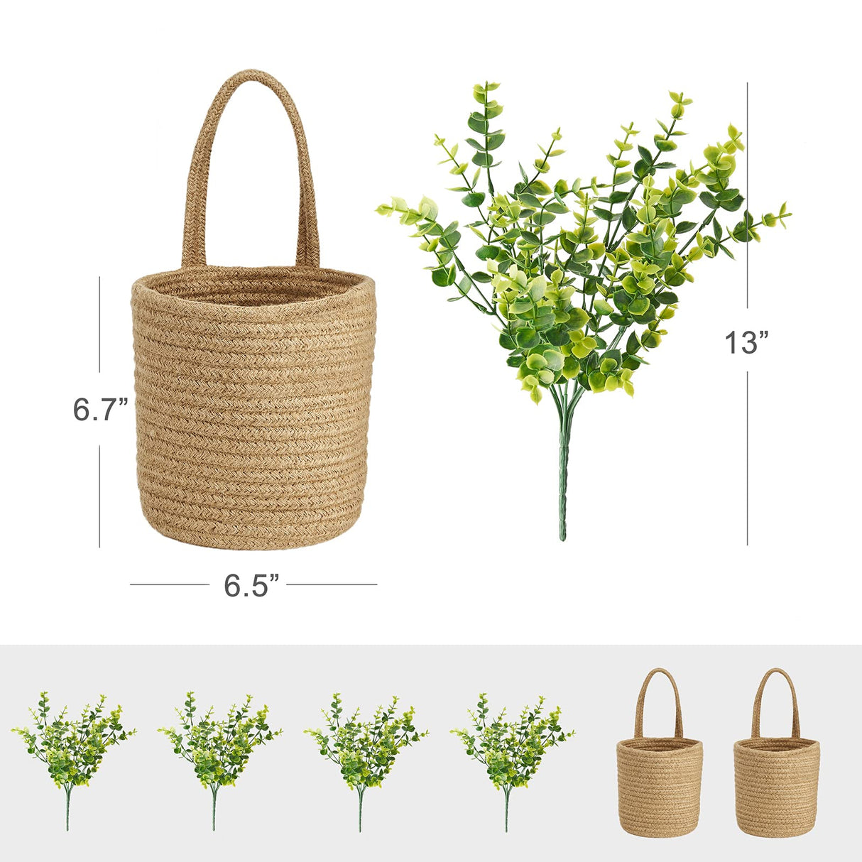 Dahey 2 Pack Wall Hanging Rope Basket with Artificial Eucalyptus Farmhouse Decor, Jute Woven Storage Organizer Flower Plants Basket Set Rustic Wall Decor for Porch Living Room Bedroom Entryway,Brown Dahey