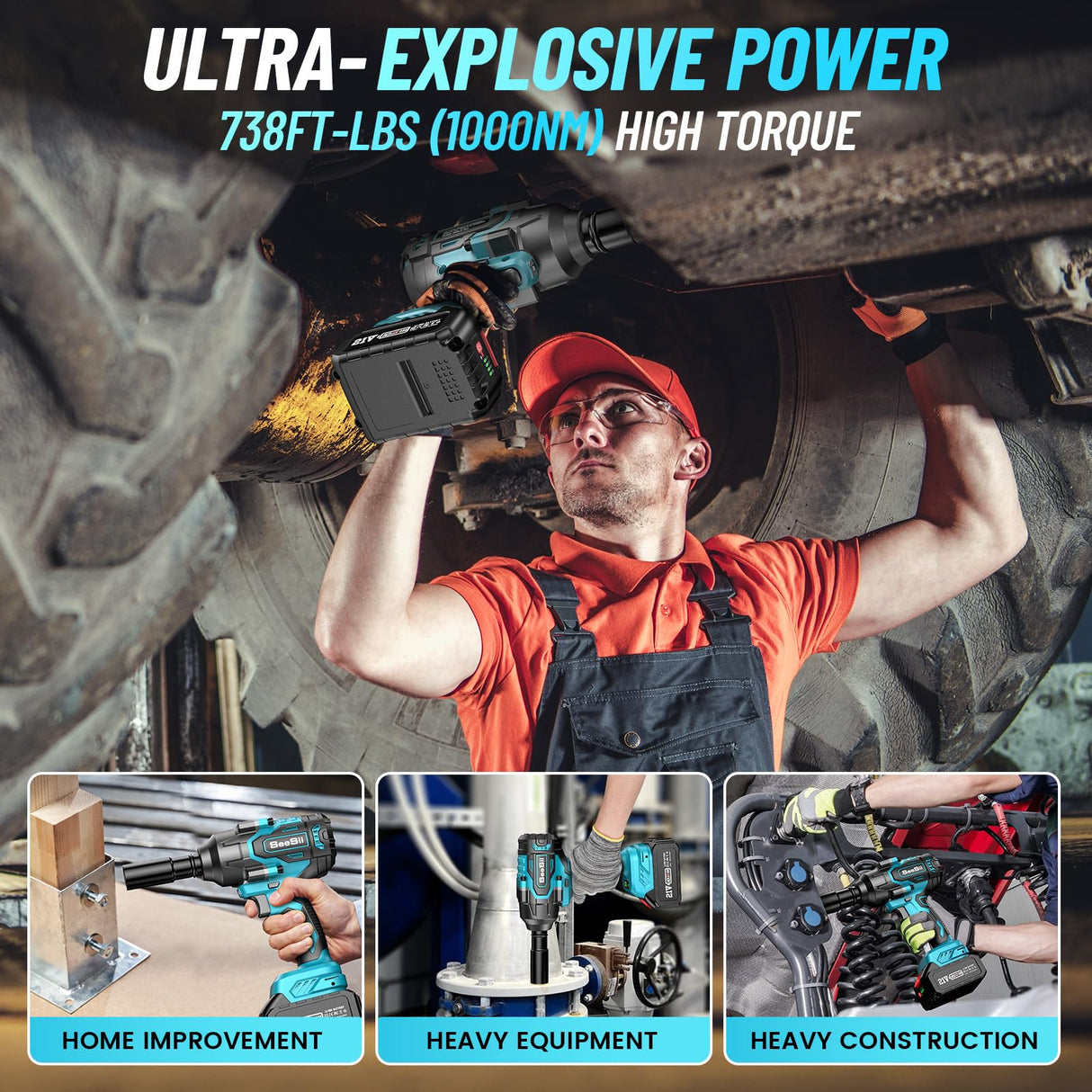 Seesii 1000Nm(738ft-lbs) Cordless Impact Wrench High Torque,1/2" Brushless Impact Gun w/Two 4.0AH Battery,Fast Charger, 5 Sockets & Storage Case, Electric Impact Wrench for Car Truck,WH760 Seesii