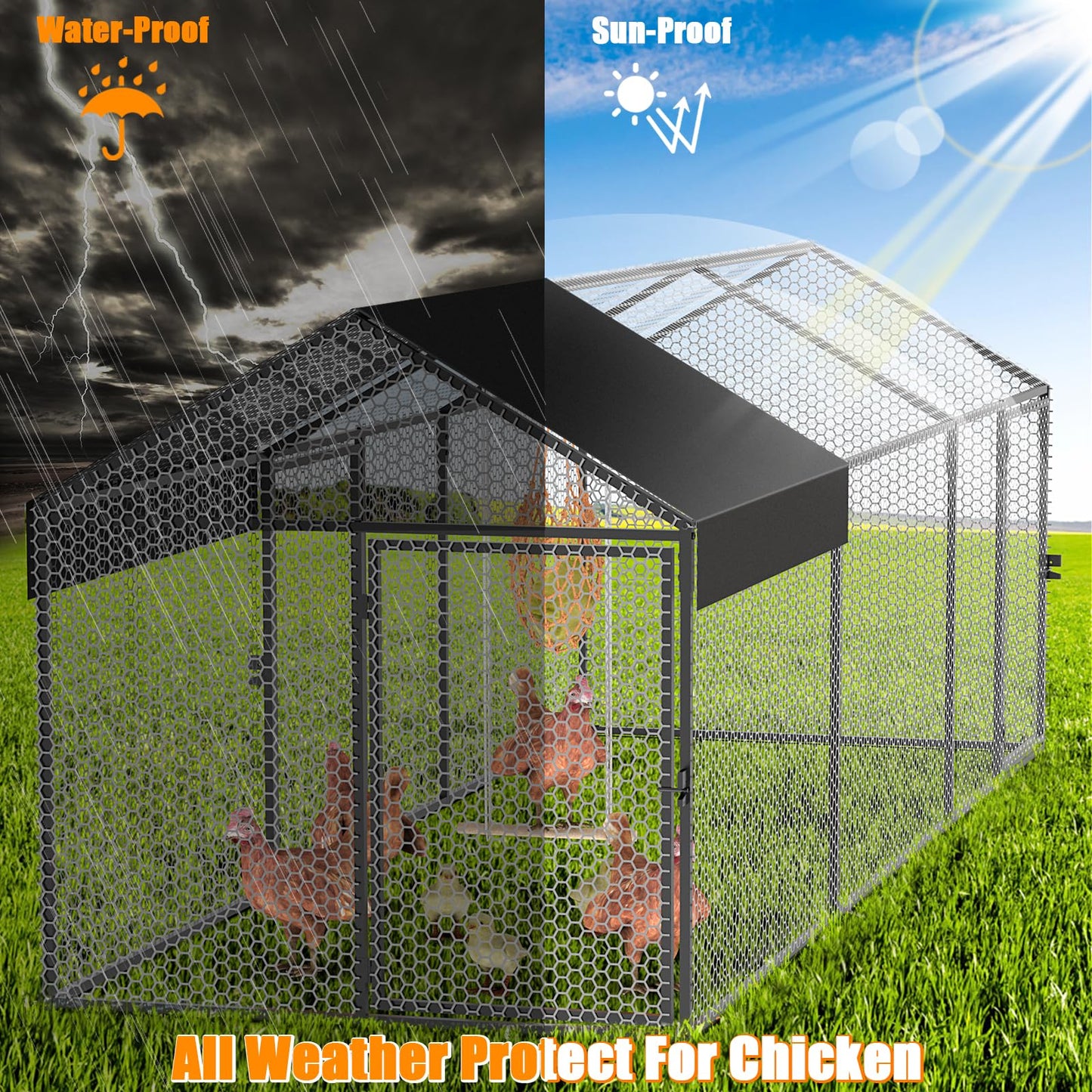 Large Metal Chicken Coop 120"×40"×40" Heavy Duty Chicken Run Hen House with Waterproof Anti-UV Cover for Outdoor Chicken Pens with Chicken Swing - WoodArtSupply